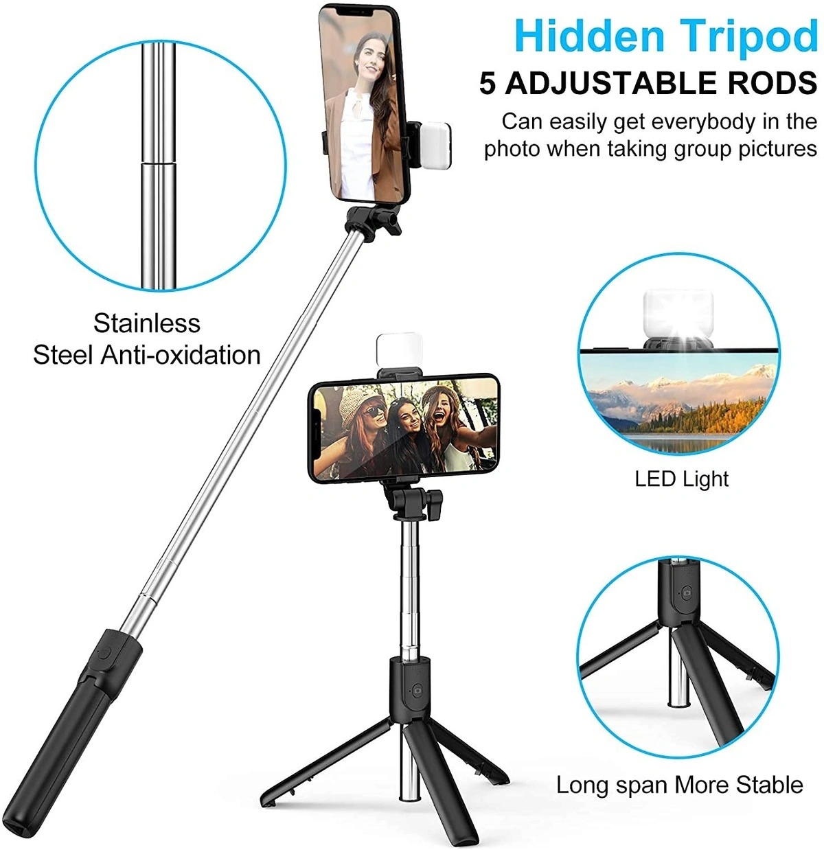 Xtraa R1 Selfie Stick with LED Fill Light & Tripod – 3-in-1 Multifunctional Mobile Stand (Black)